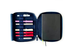 Midnight Blue 9 Slot Leather Pen Case and A5 Size Organizer