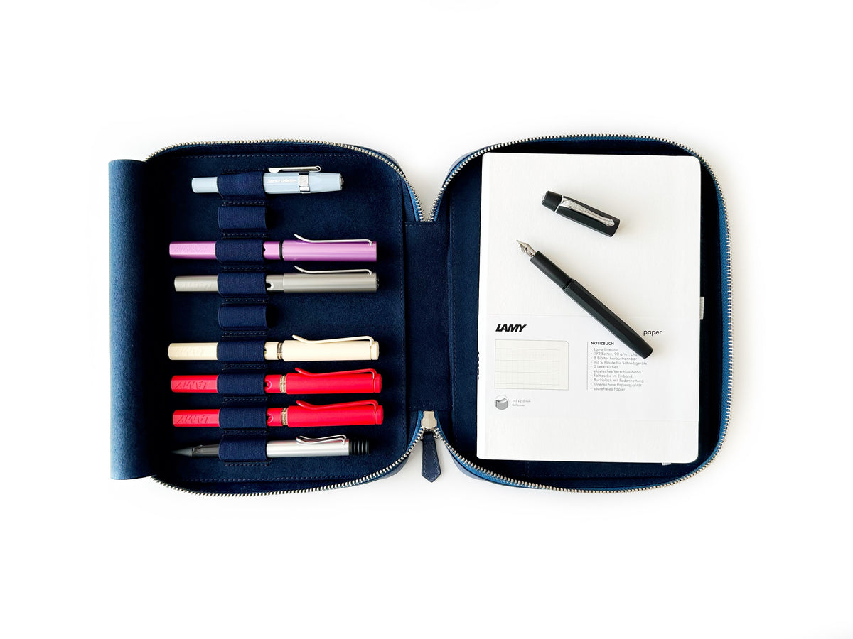 Midnight Blue 9 Slot Leather Pen Case and A5 Size Organizer
