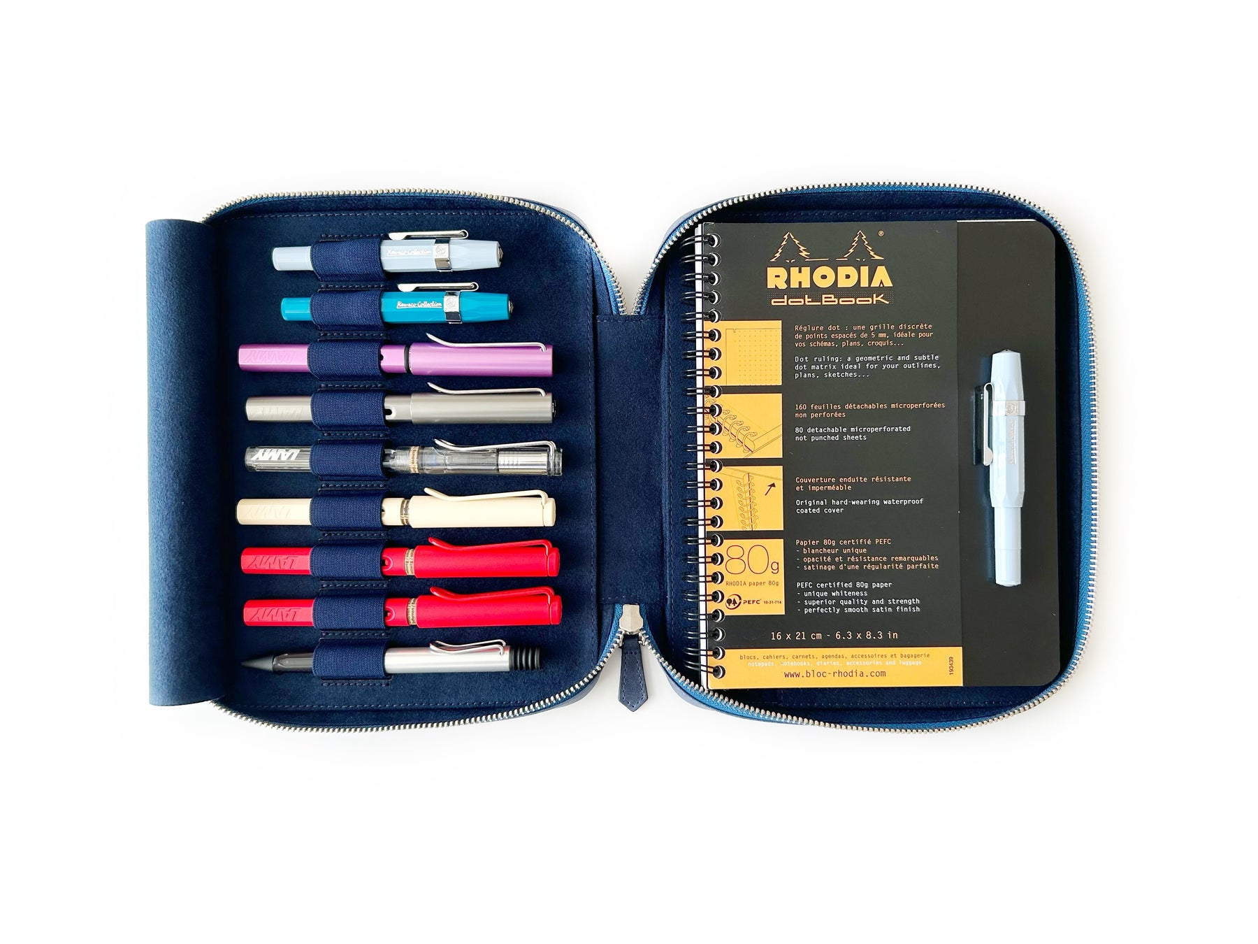 Midnight Blue 9 Slot Leather Pen Case and A5 Size Organizer