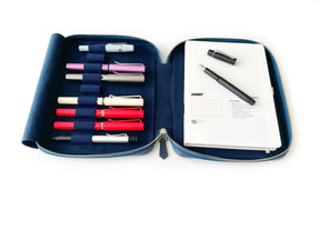 Midnight Blue 9 Slot Leather Pen Case and A5 Size Organizer