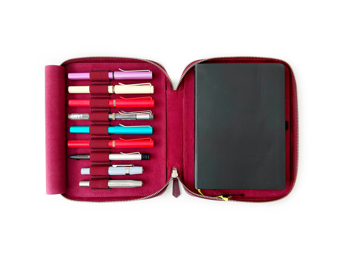Dark Black Violet 9 Slot Leather Pen Case and A5 Size Organizer