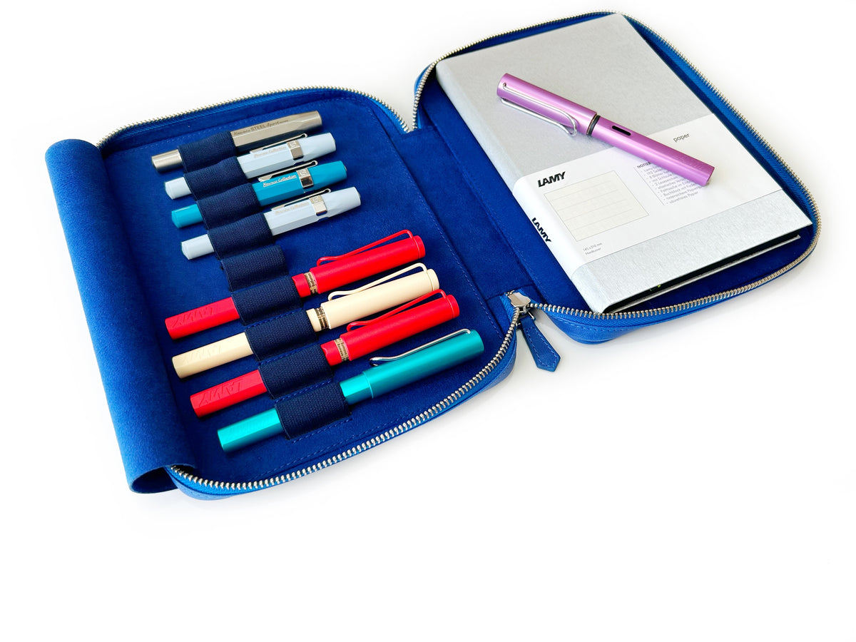 Prussian Blue 9 Slot Leather Pen Case and A5 Size Organizer