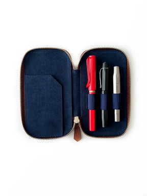 Toffee Brown 3 Slot Leather Pen Case - Navy