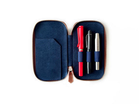 Toffee Brown 3 Slot Leather Pen Case - Navy