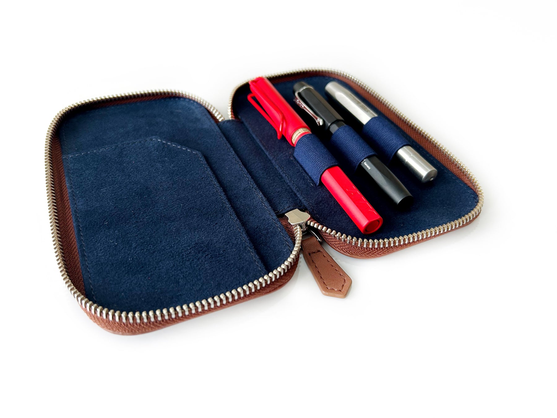 Toffee Brown 3 Slot Leather Pen Case - Navy