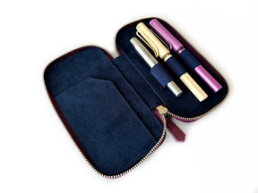 Soft Burgundy 3 Slot Leather Pen Case - Navy