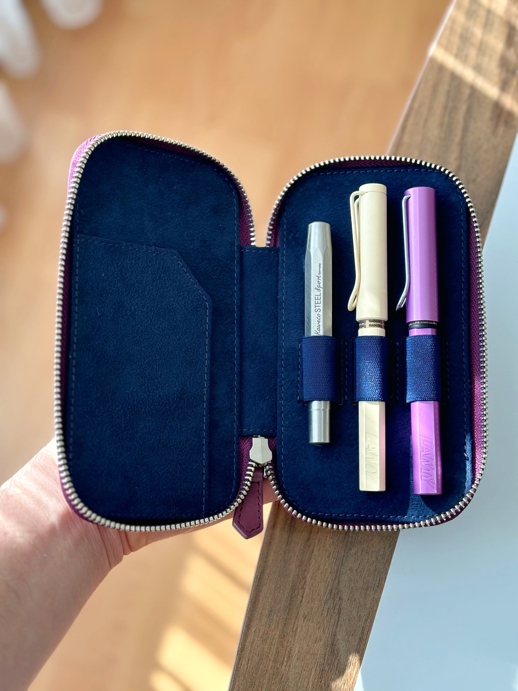 Soft Burgundy 3 Slot Leather Pen Case - Navy