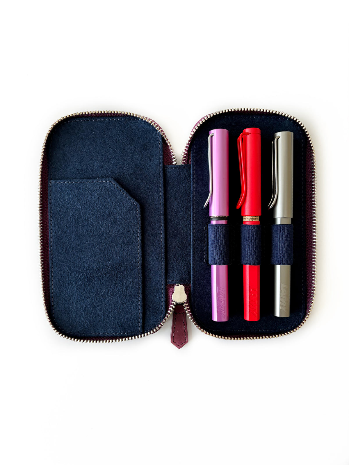 Soft Burgundy 3 Slot Leather Pen Case - Navy