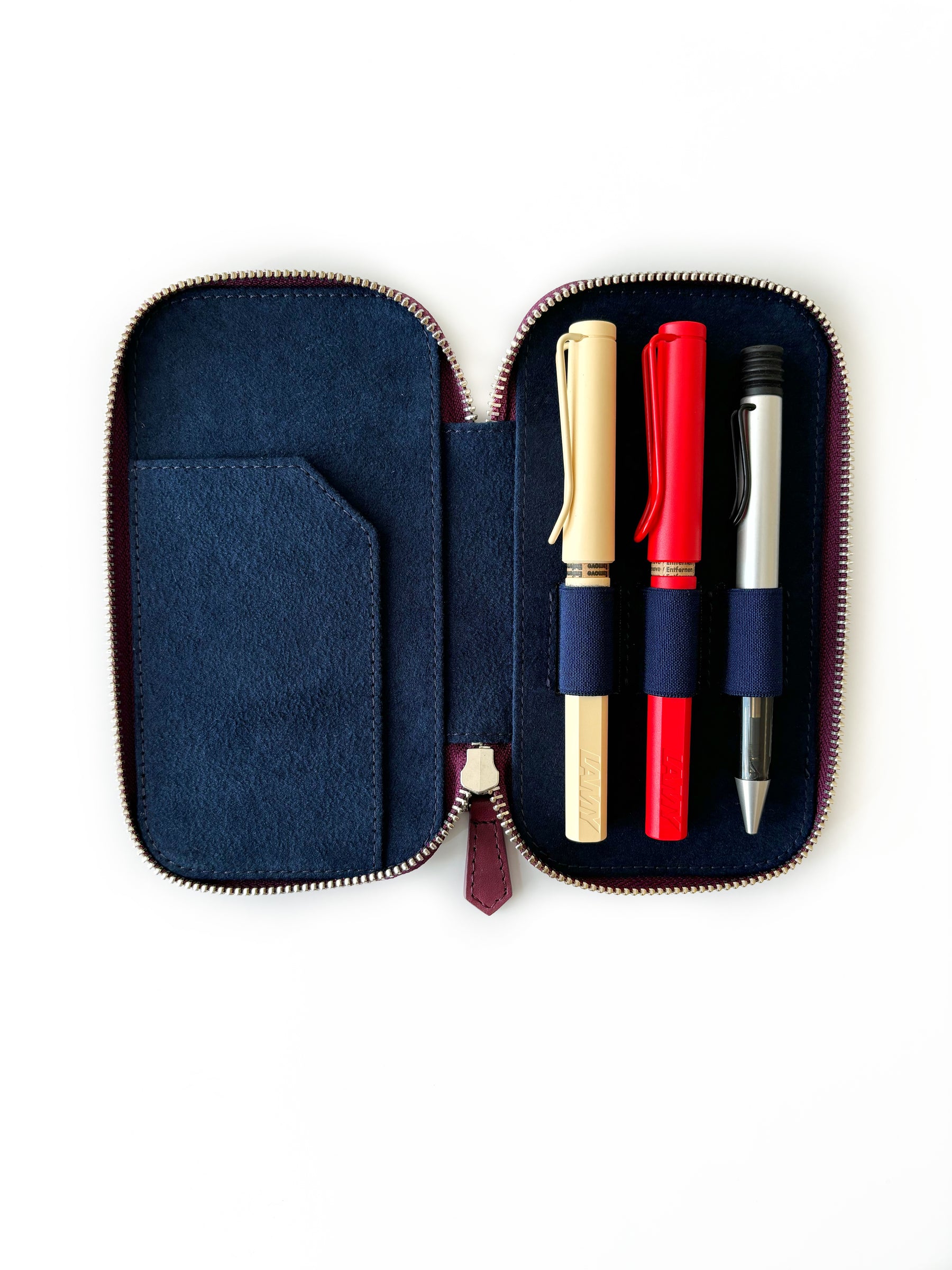 Soft Burgundy 3 Slot Leather Pen Case - Navy