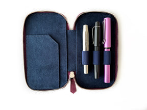 Soft Burgundy 3 Slot Leather Pen Case - Navy