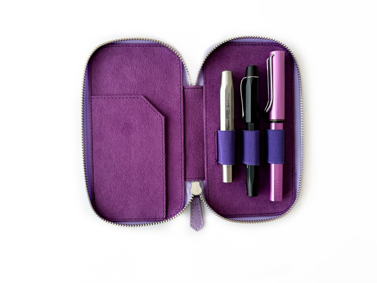 Light Lavender Violet 3 Slot Leather Pen Case