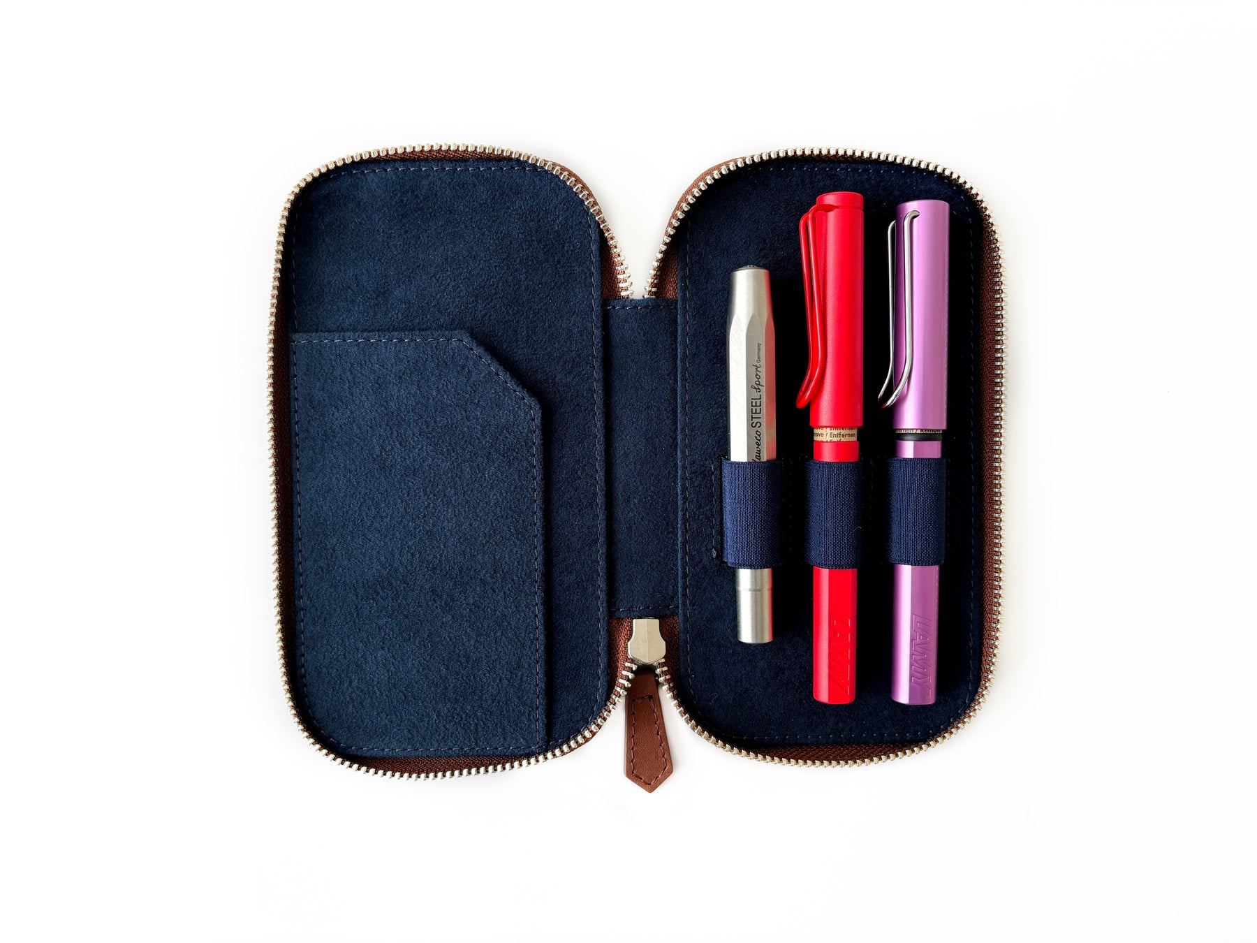 Toffee Brown 3 Slot Leather Pen Case - Navy