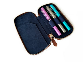 Toffee Brown 3 Slot Leather Pen Case - Navy