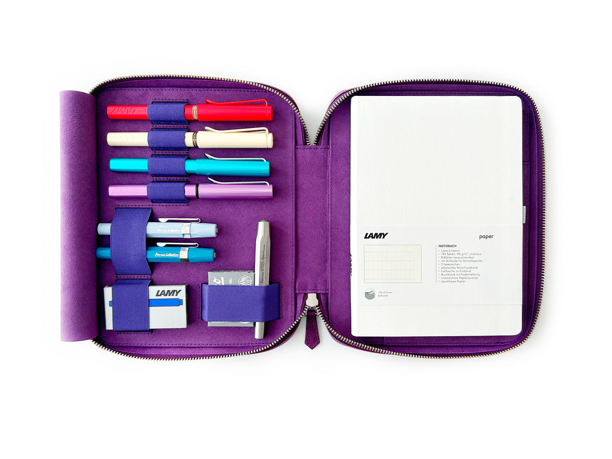 Violet 4 Slot Leather Pen Case and A5 Size Organizer