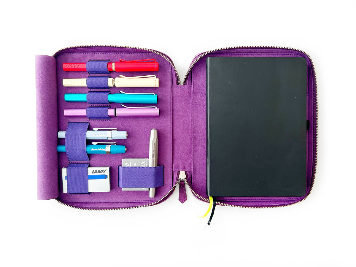 Violet 4 Slot Leather Pen Case and A5 Size Organizer
