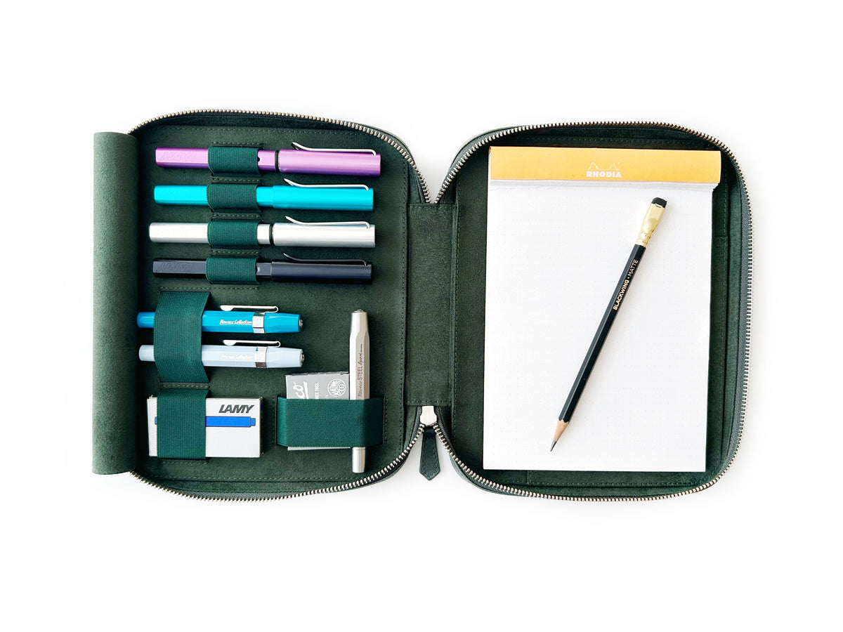 Patina Copper Green 4 Slot Leather Pen Case and A5 Size Organizer