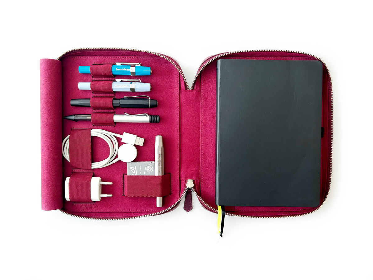 Dark Black Violet 4 Slot Leather Pen Case and A5 Size Organizer