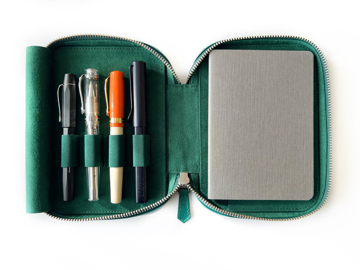 Northern Light Green 4 Slot Leather Pen Case and A6 Size Organizer