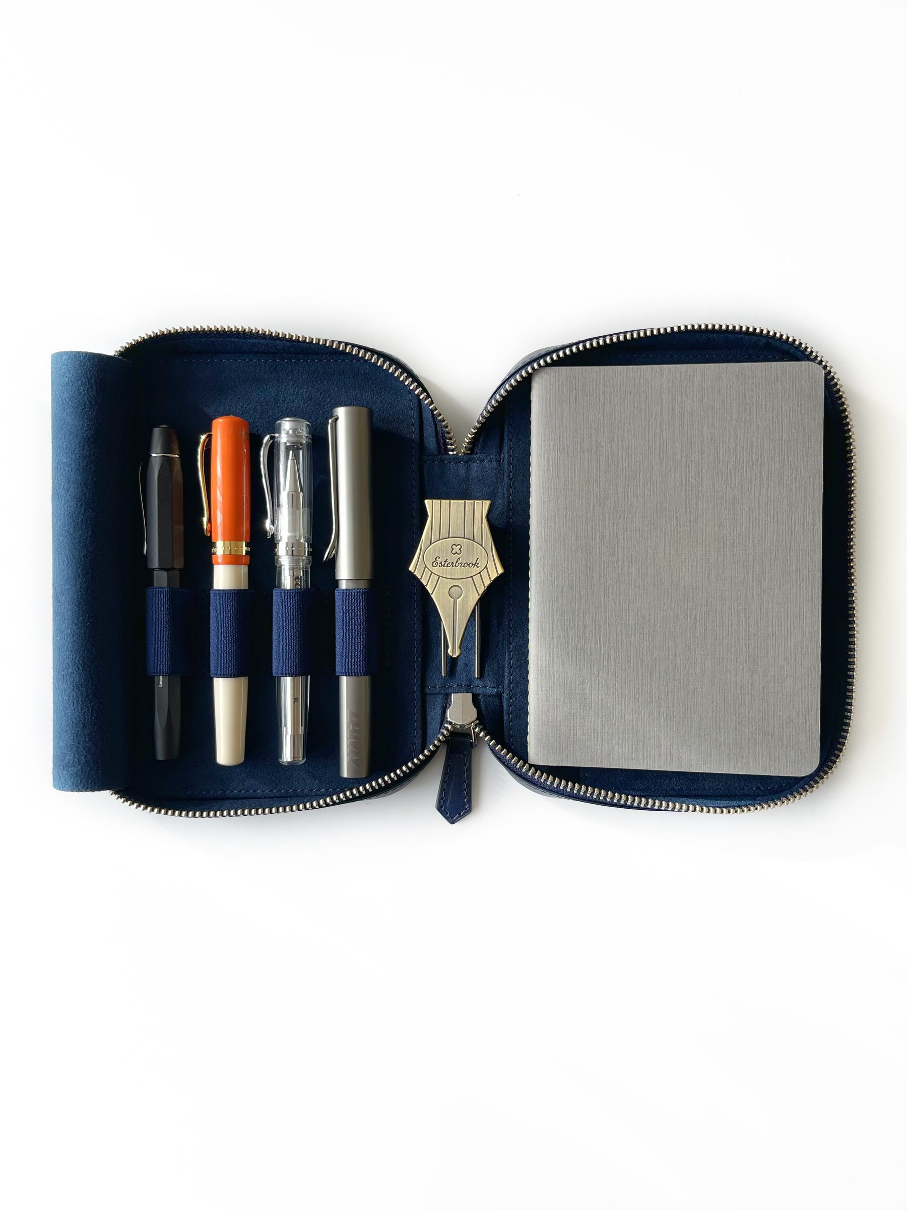 Navy Blue 4 Slot Leather Pen Case and A6 Size Organizer