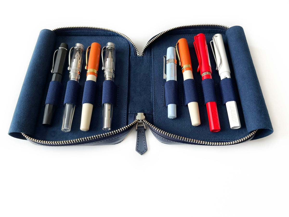 Navy Blue 8 Slot Leather Pen Case