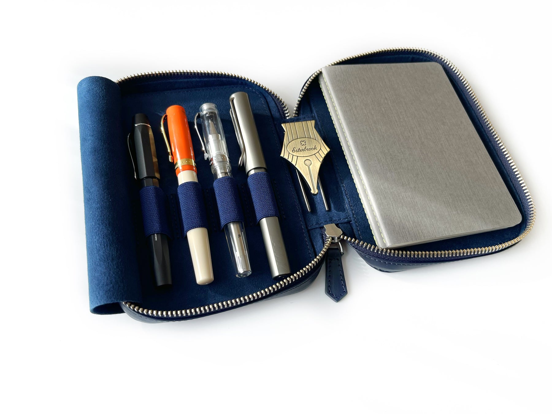 Navy Blue 4 Slot Leather Pen Case and A6 Size Organizer