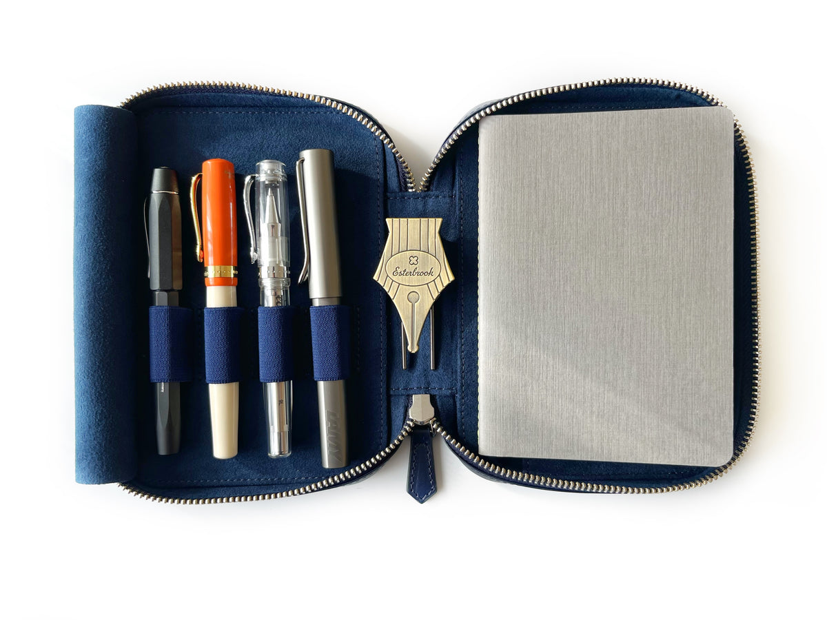 Navy Blue 4 Slot Leather Pen Case and A6 Size Organizer