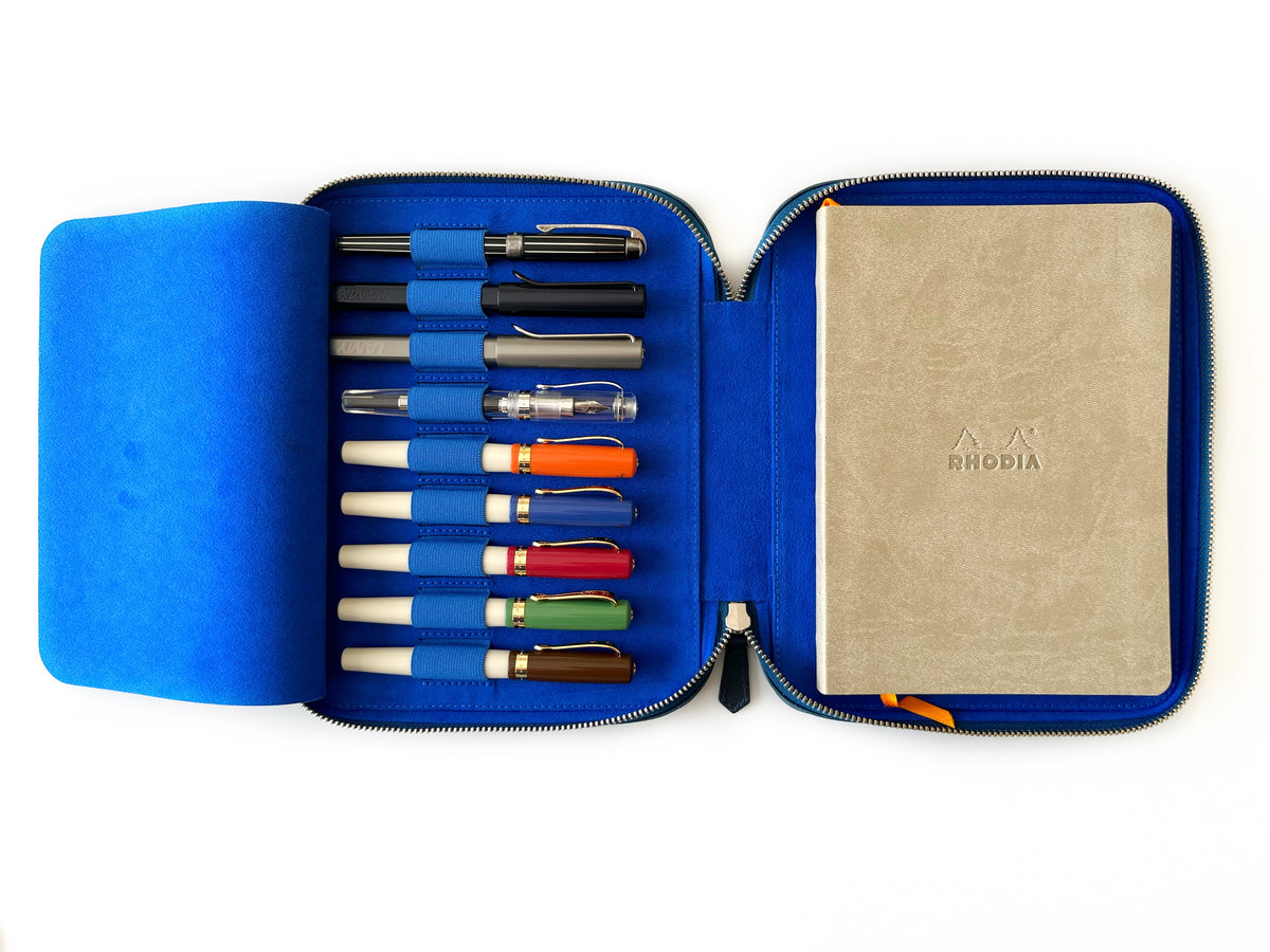 Ocean Blue 9 Slot Leather Pen Case and A5 Size Organizer
