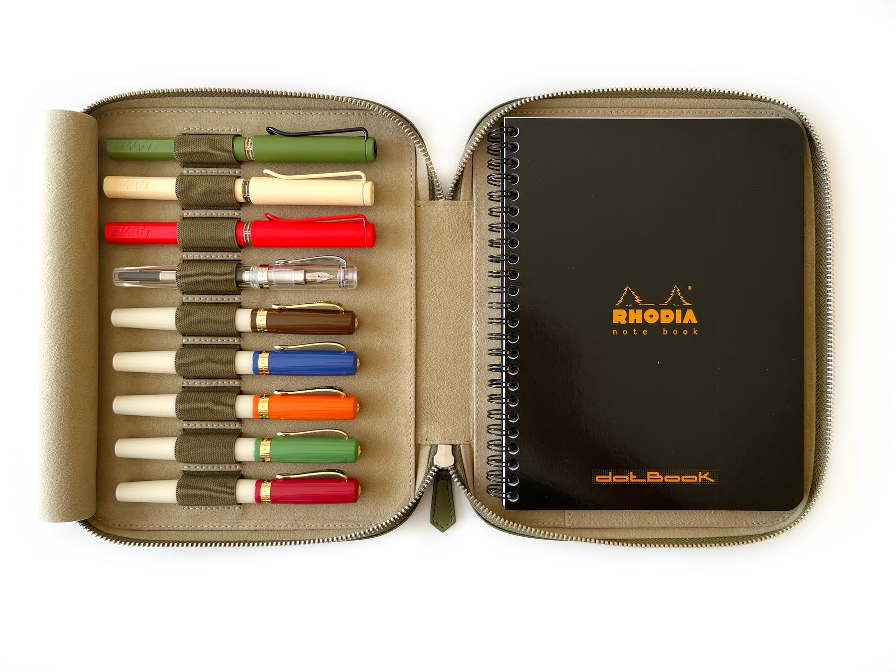 Olive Green 9 Slot Leather Pen Case and A5 Size Organizer